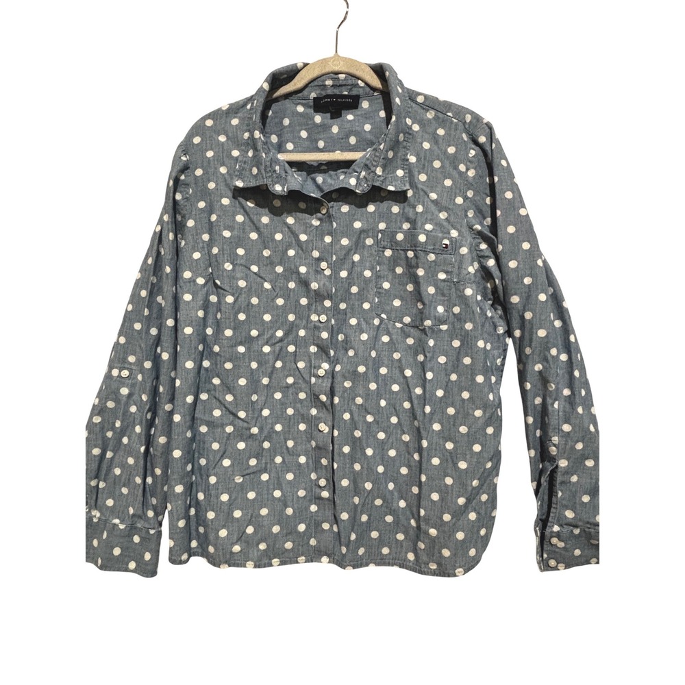 Tommy Hilfiger Womens XXL Polka Dot Chambray‎ Cotton Button Down Shirt Coastal